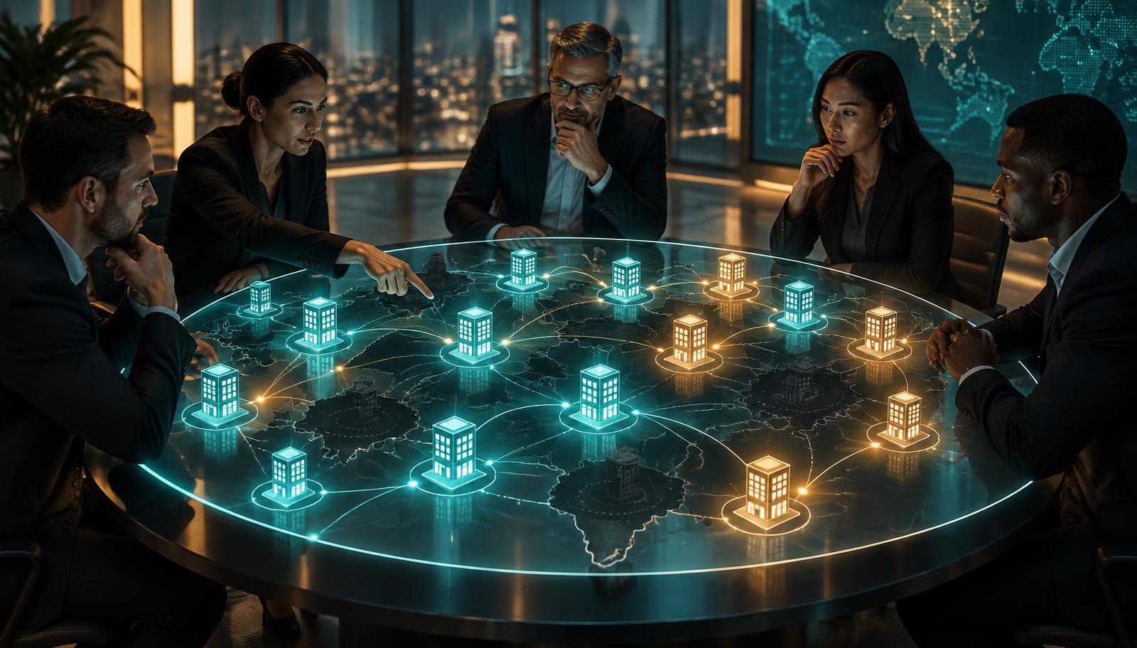 Sales team around a map of connected company accounts, with dark gaps showing missing coverage