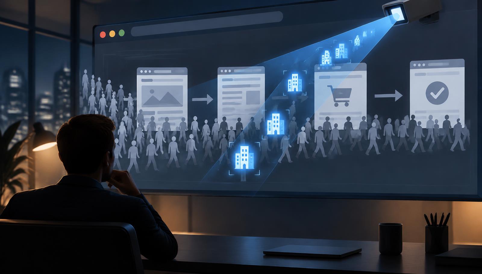 Anonymous website visitors moving through pages, with a scanning beam revealing a few as companies