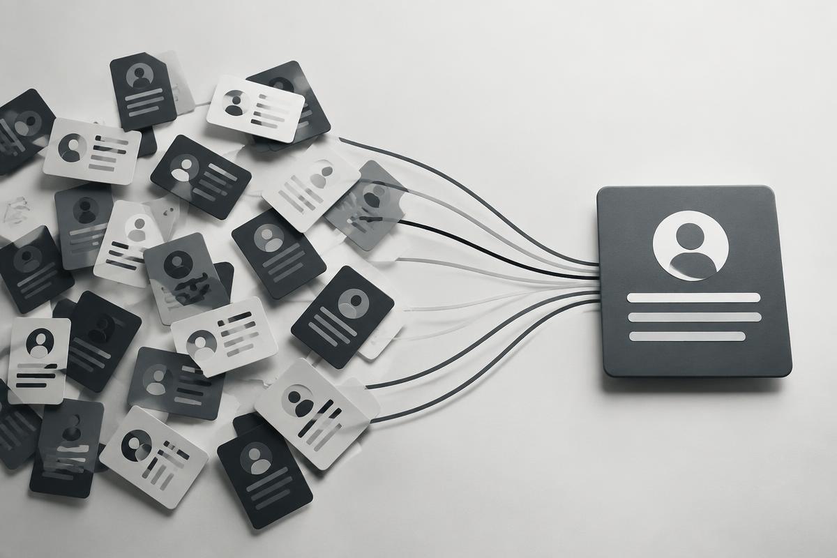 Scattered customer records converging into a single unified customer profile