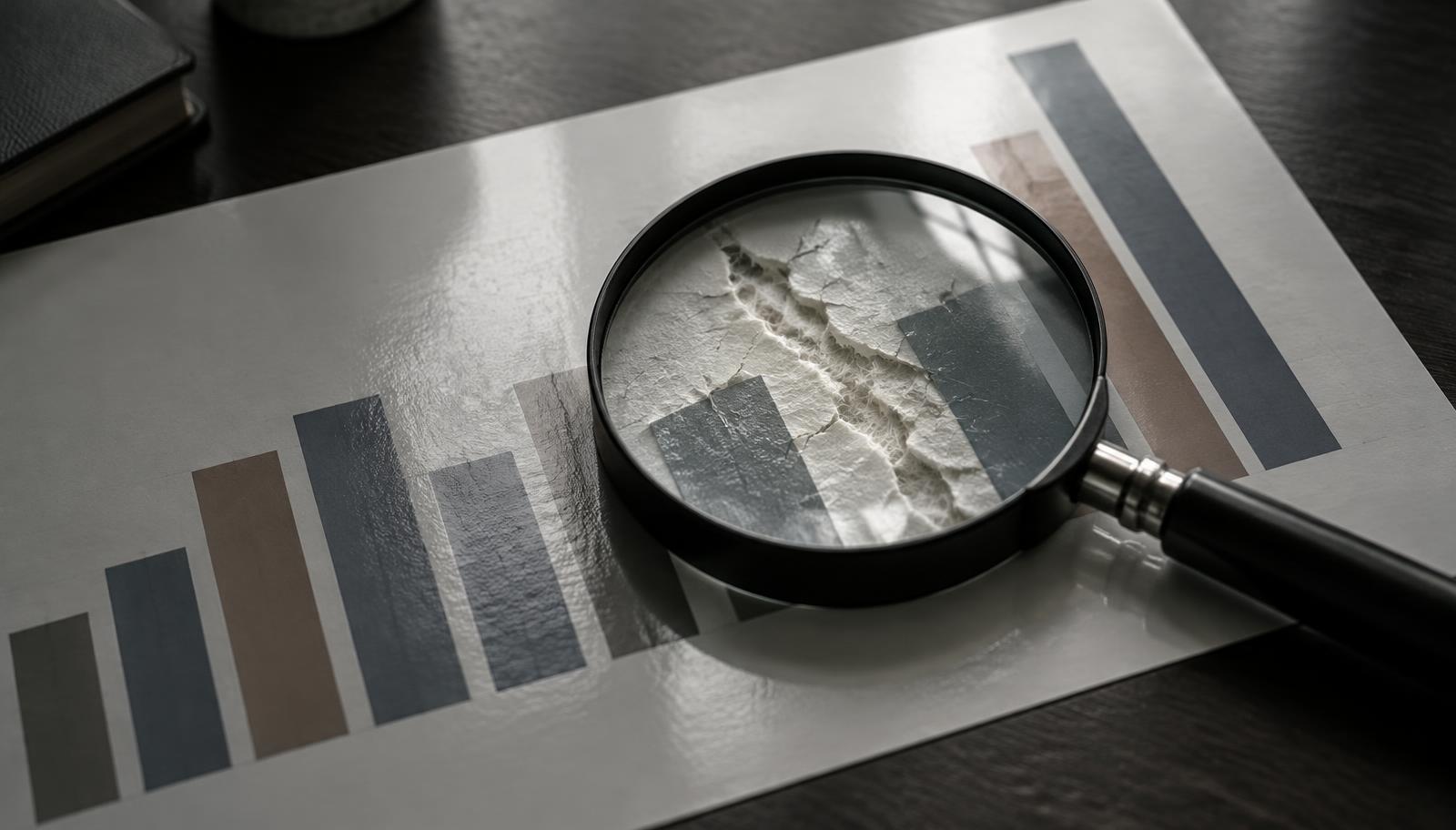 Magnifying glass over a printed bar chart revealing cracks beneath the surface