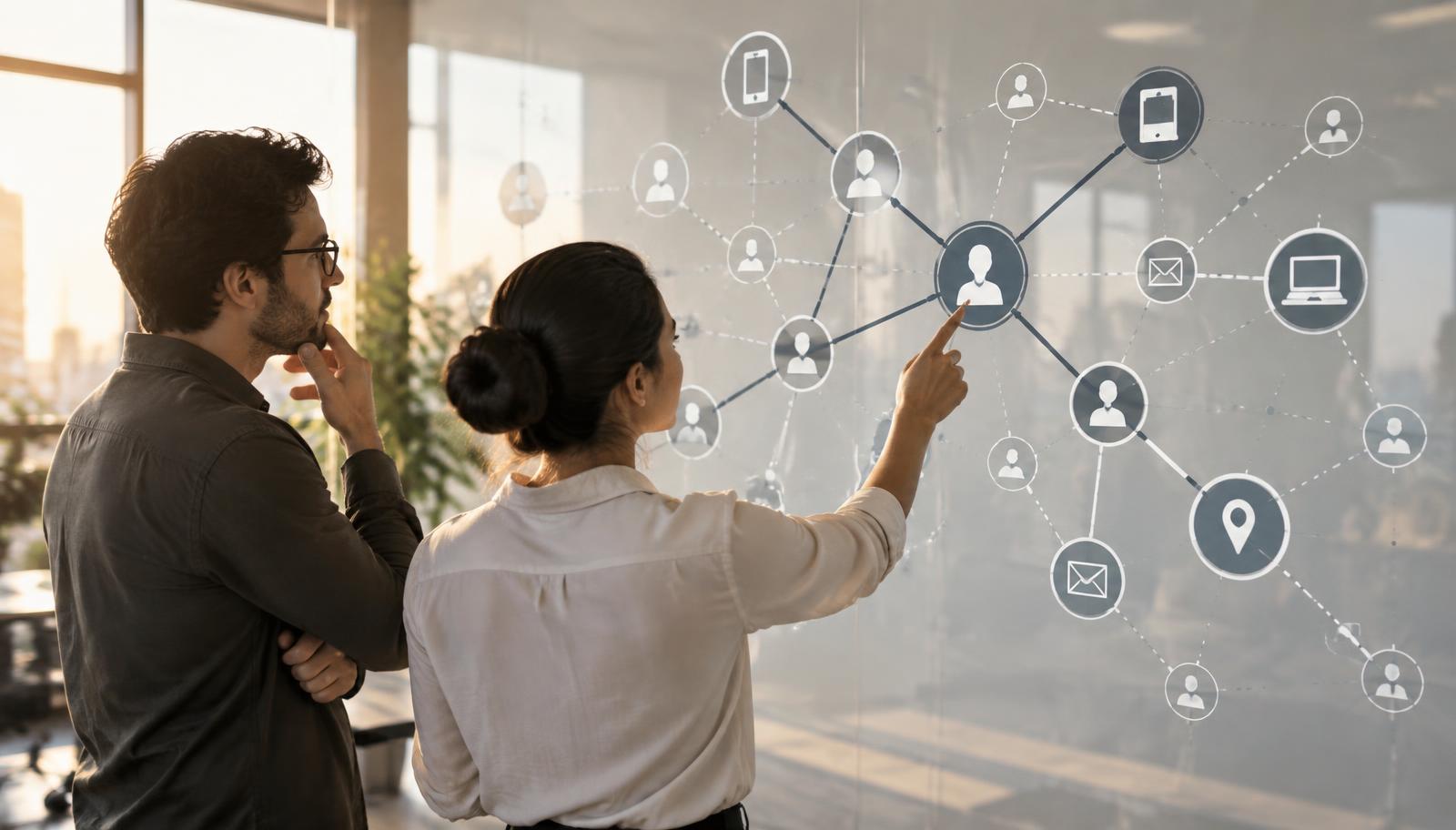 Two analysts studying an identity graph with solid and dotted links between people, devices, email and location