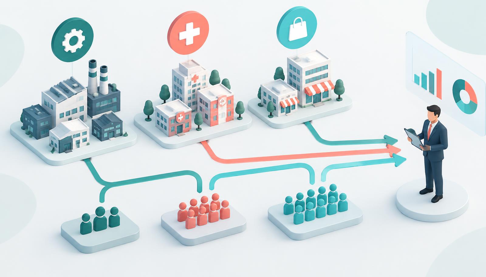 Companies grouped by industry and size, with paths leading to a sales rep planning plays