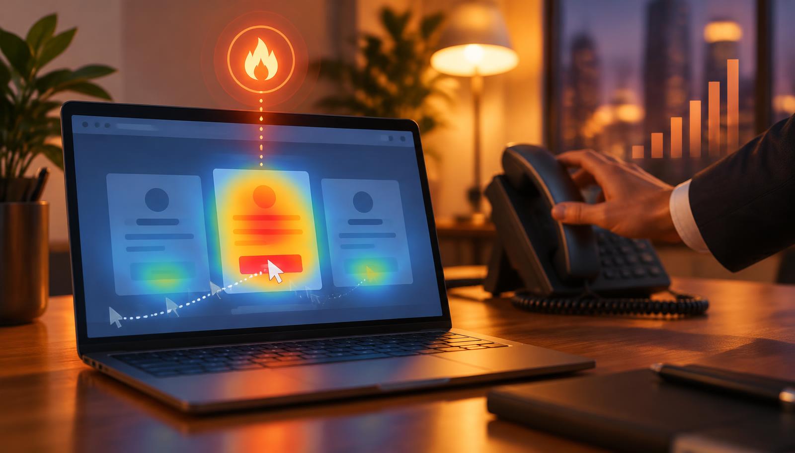 Laptop showing a website heatmap around a high-intent visit while a sales rep reaches for the phone
