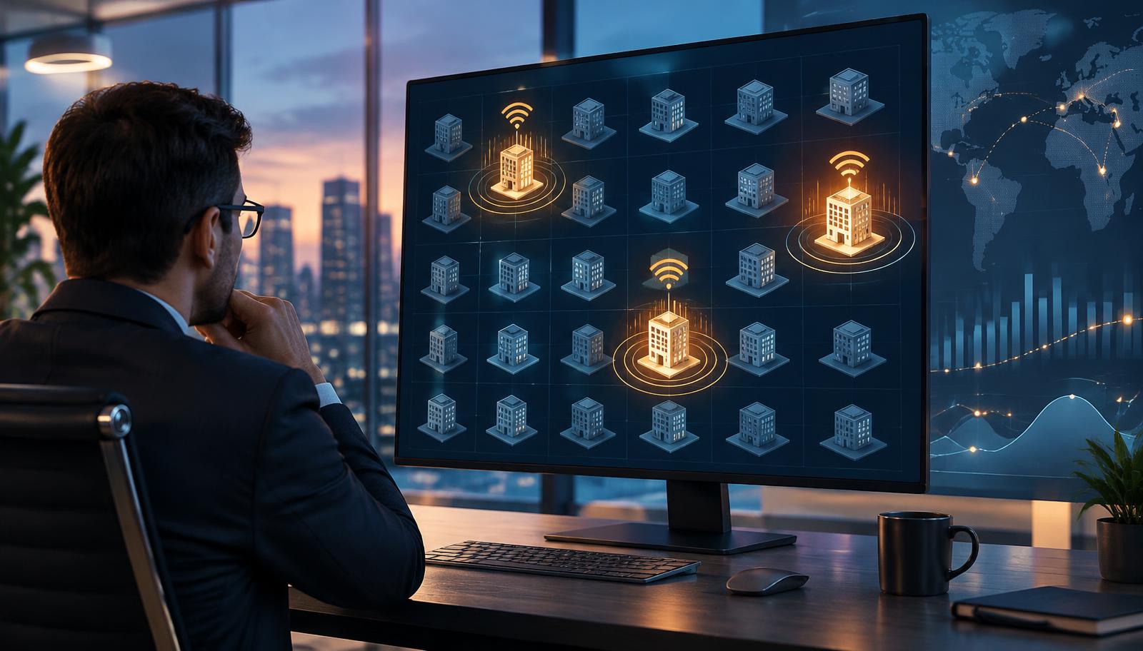 Analyst watching a grid of company icons where a few glow with rising intent signals