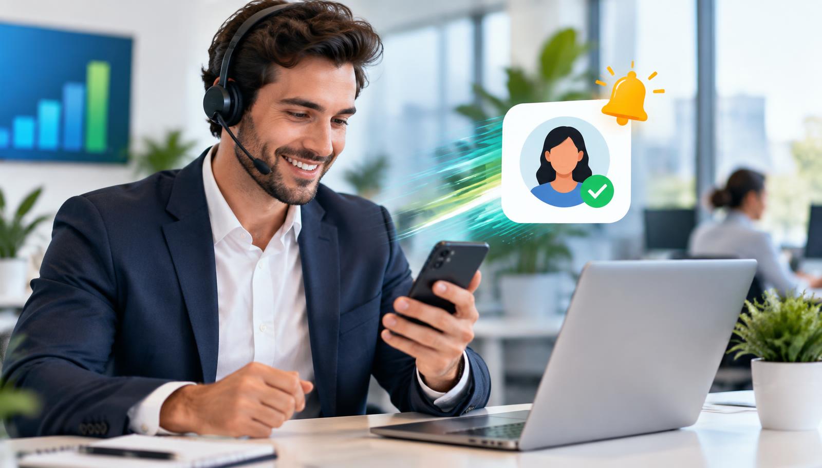 Sales rep with a headset getting an instant phone alert about a qualified website visitor