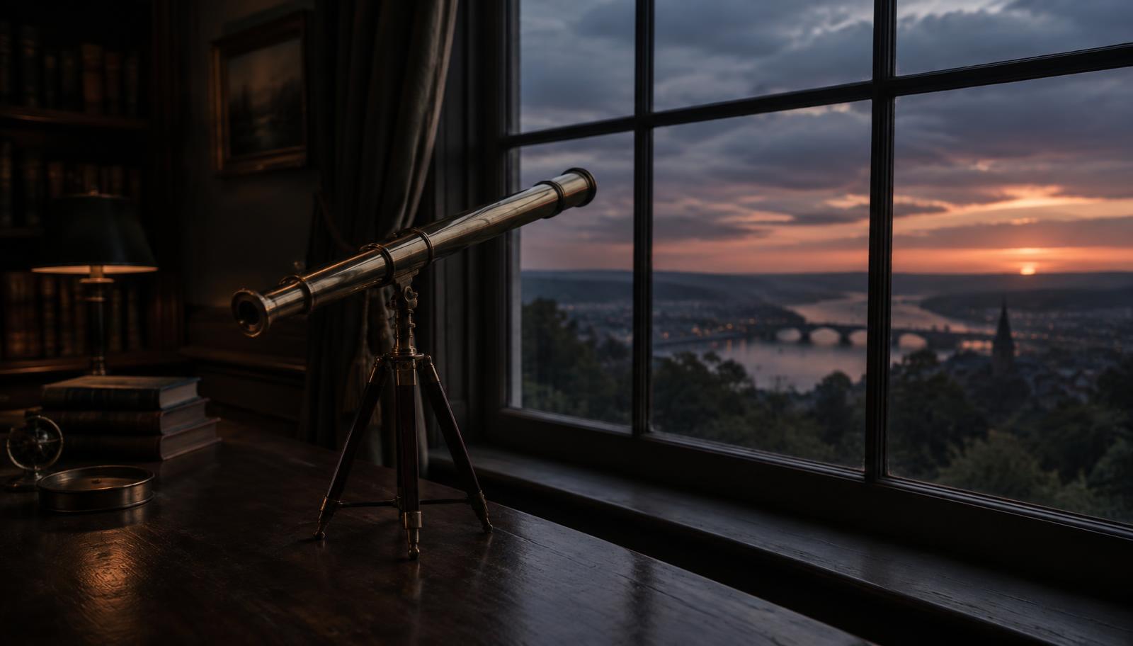 Telescope on a desk pointed toward a window at dusk