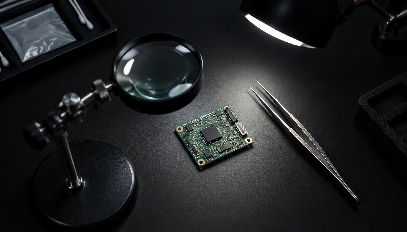 Forensic magnifier and tweezers examining a circuit board on a desk
