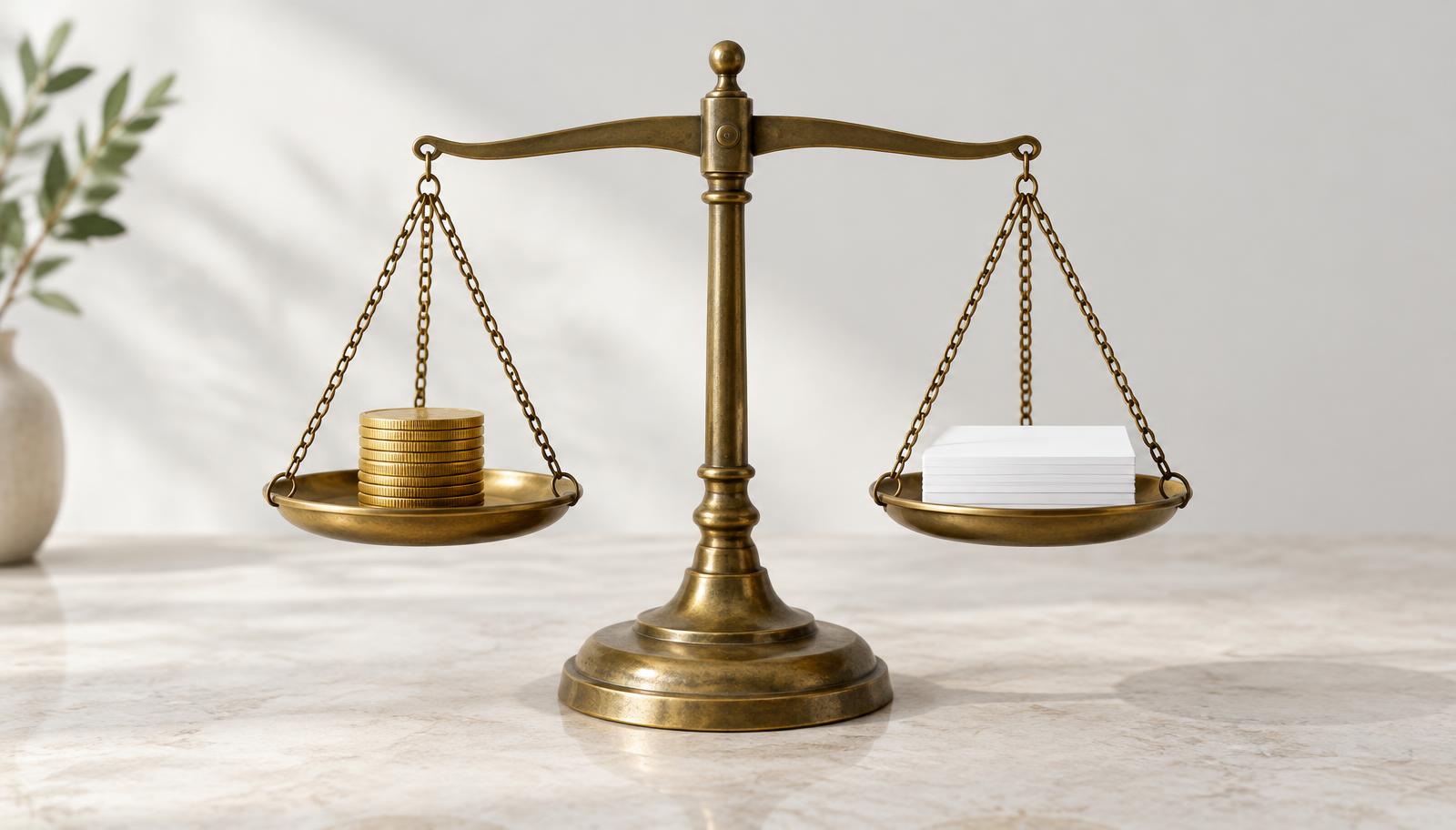 Brass balance scale weighing coins against a stack of index cards