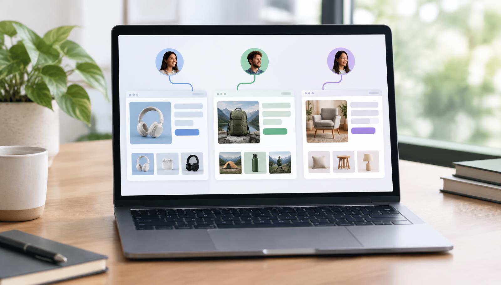 Website personalization software showing tailored page layouts for different visitors on a laptop