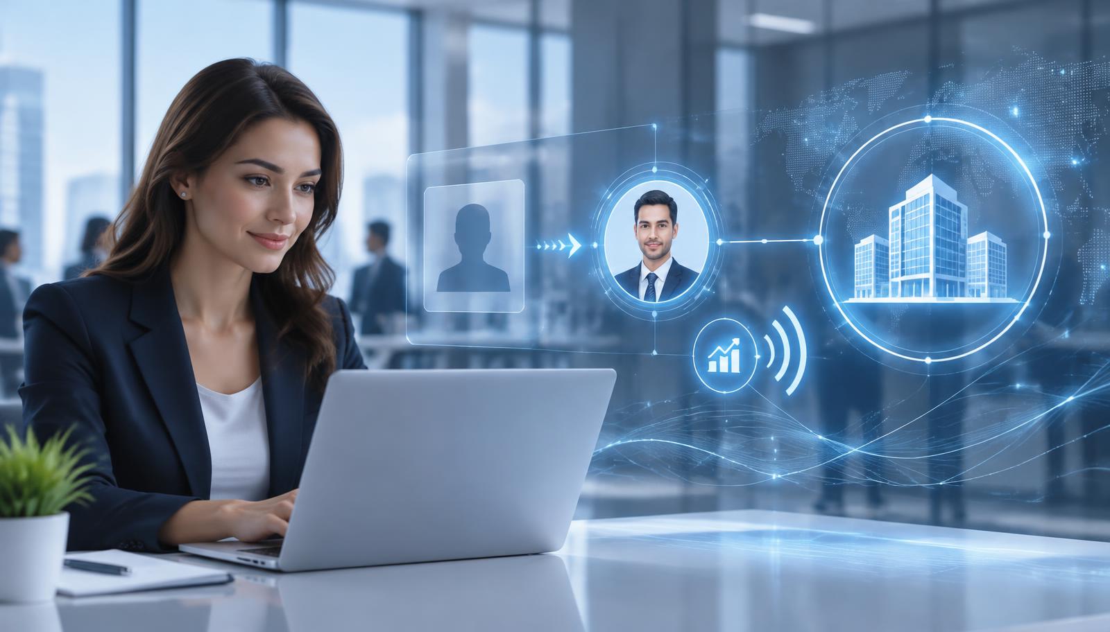 Sales rep at a laptop as an anonymous visitor is identified as a person linked to their company and intent signal