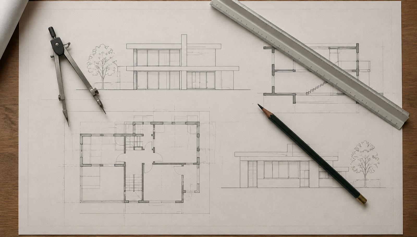 Drafting compass, ruler and pencil on house blueprints